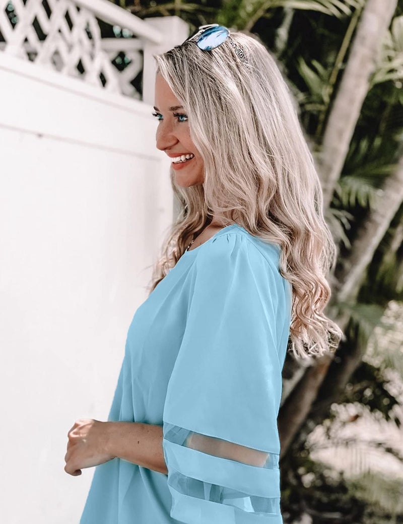LookbookStore Women's Summer Tunic Dress - Crewneck 3/4 Sleeve, Bell Sleeve, Air Blue Light Blue Wedding Guest Dress Size M/8-10 - Image 4